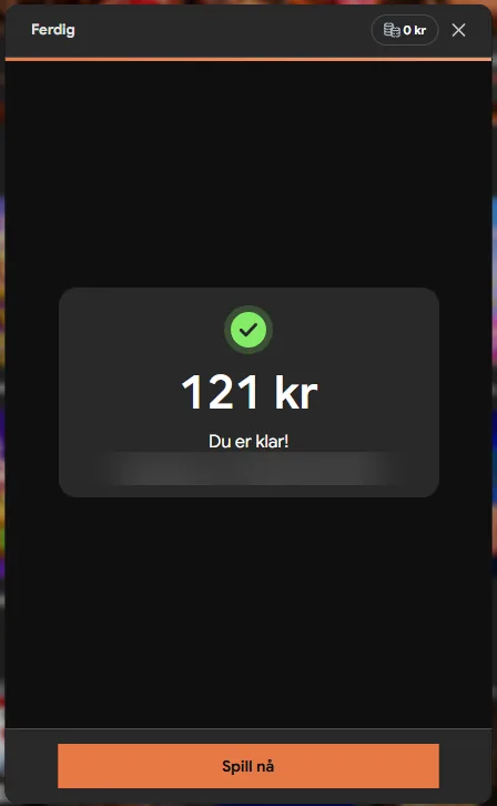 Svidd bekrefter innskudd på 121 kr med teksten Du er klar
