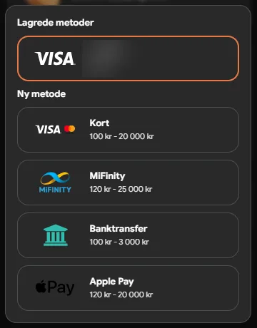 Svidd-kassen med lagret Visa-kort og innskuddsmåtene kort, MiFinity, bankoverføring og Apple Pay