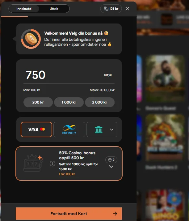 Innskuddsvinduet hos Svidd med tilbud om 50 prosent casinobonus opptil 500 kroner