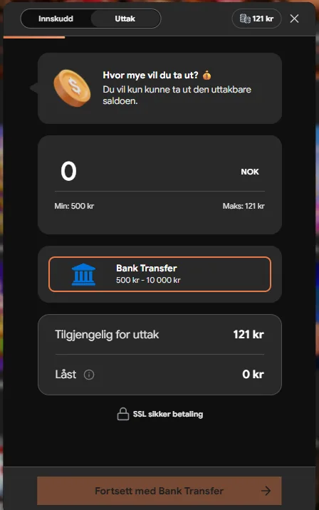 Uttaksvinduet hos Svidd med bankoverføring fra 500 kr og 121 kr tilgjengelig for uttak